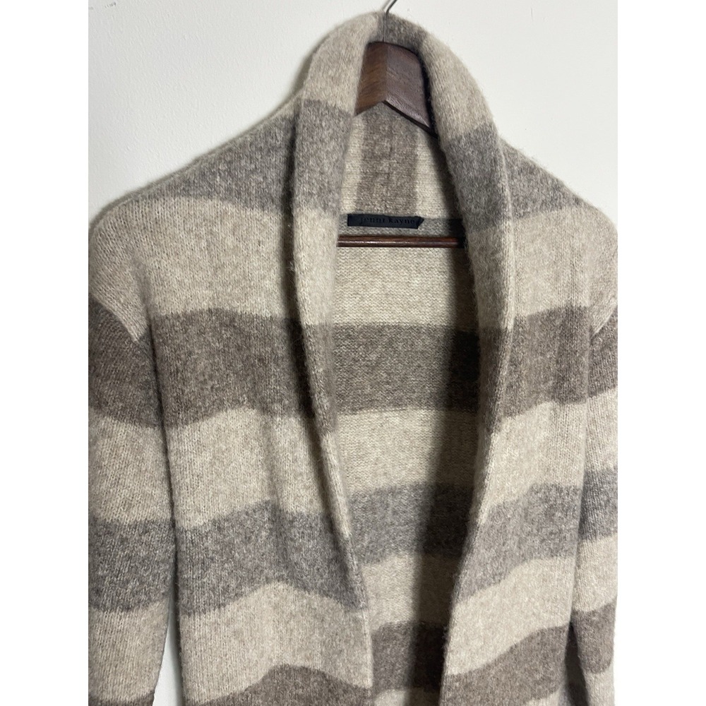 JENNI KAYNE Luxurious Belted Sweater Coat Long Cardi Oatmeal Stripe Yak Alpaca L - Picture 11 of 16